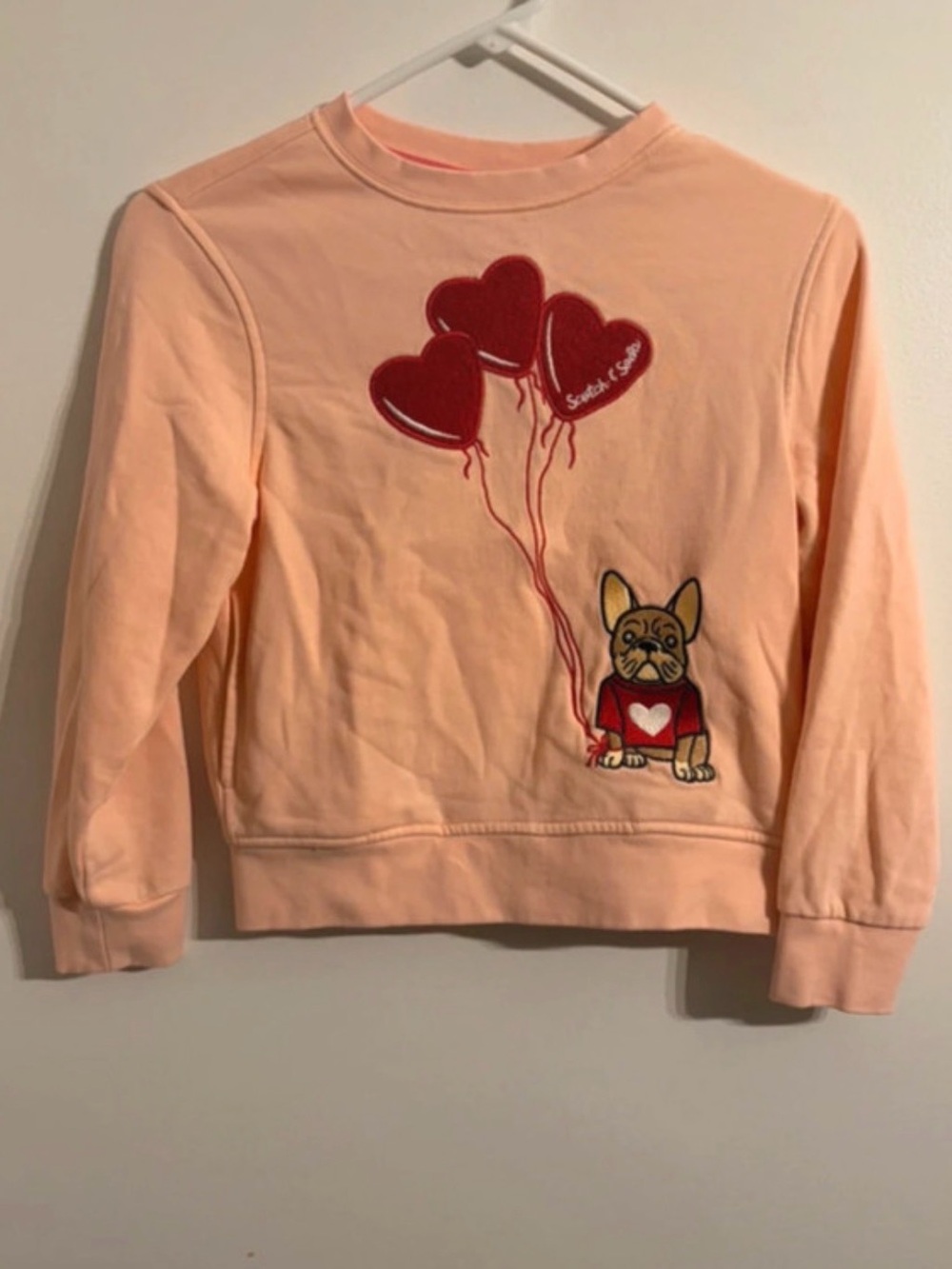 Scotch & Soda Peach Sweatshirt with Red Heart Balloons & Bulldog Patch